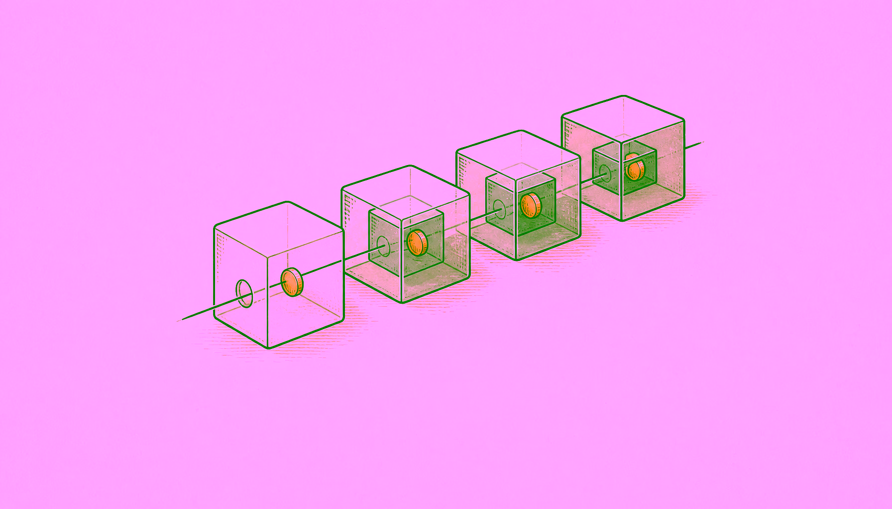 Illustration of a Bitcoin transaction settling through successive blocks.