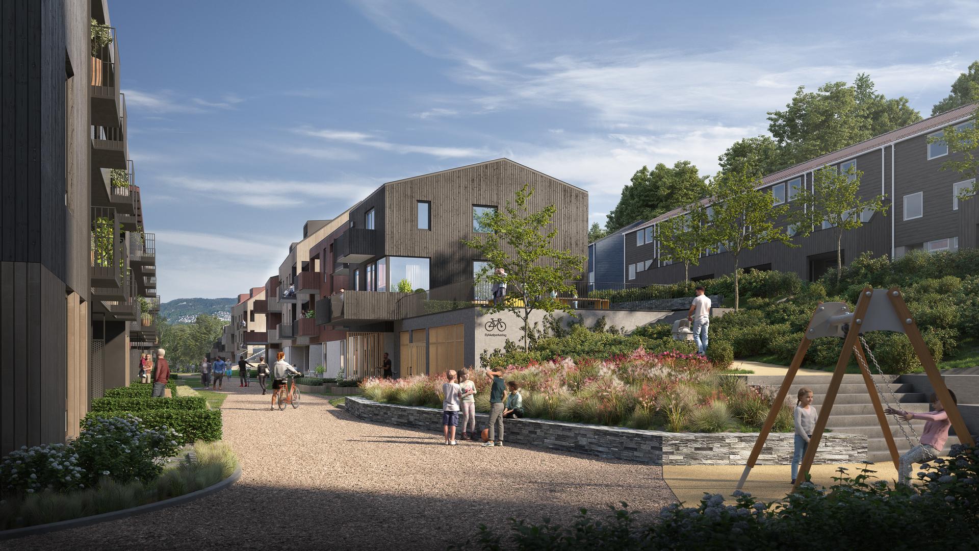 Flotte fellesarealer mellom husene med sosiale møteplasser, gode lekeplasser og felles sykkelparkering under tak. 