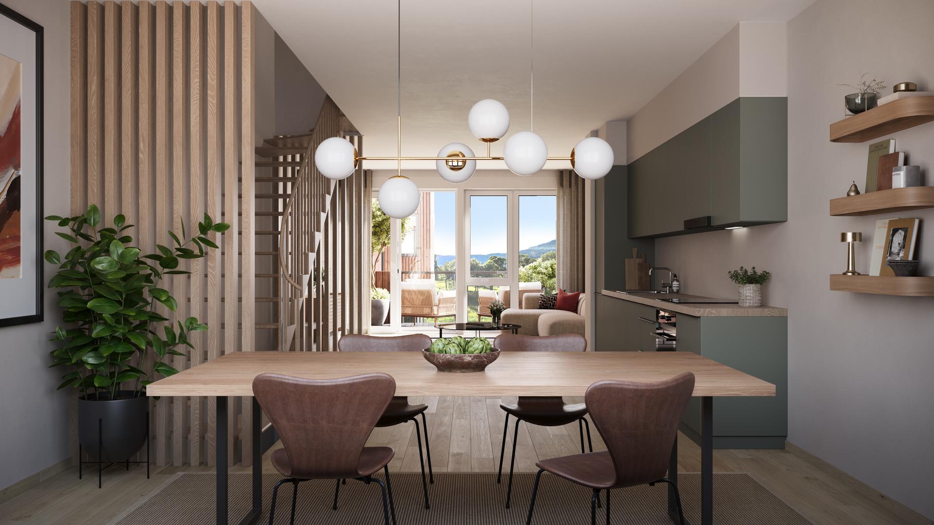 Rekkehusene i Hus E har tre plan med det beste fra mange
verdener for familien: Her får du egen hage, terrasser,
egen inngang, og du ligger trygt og skjermet til mot den
indre gaten i Storetveithagen.