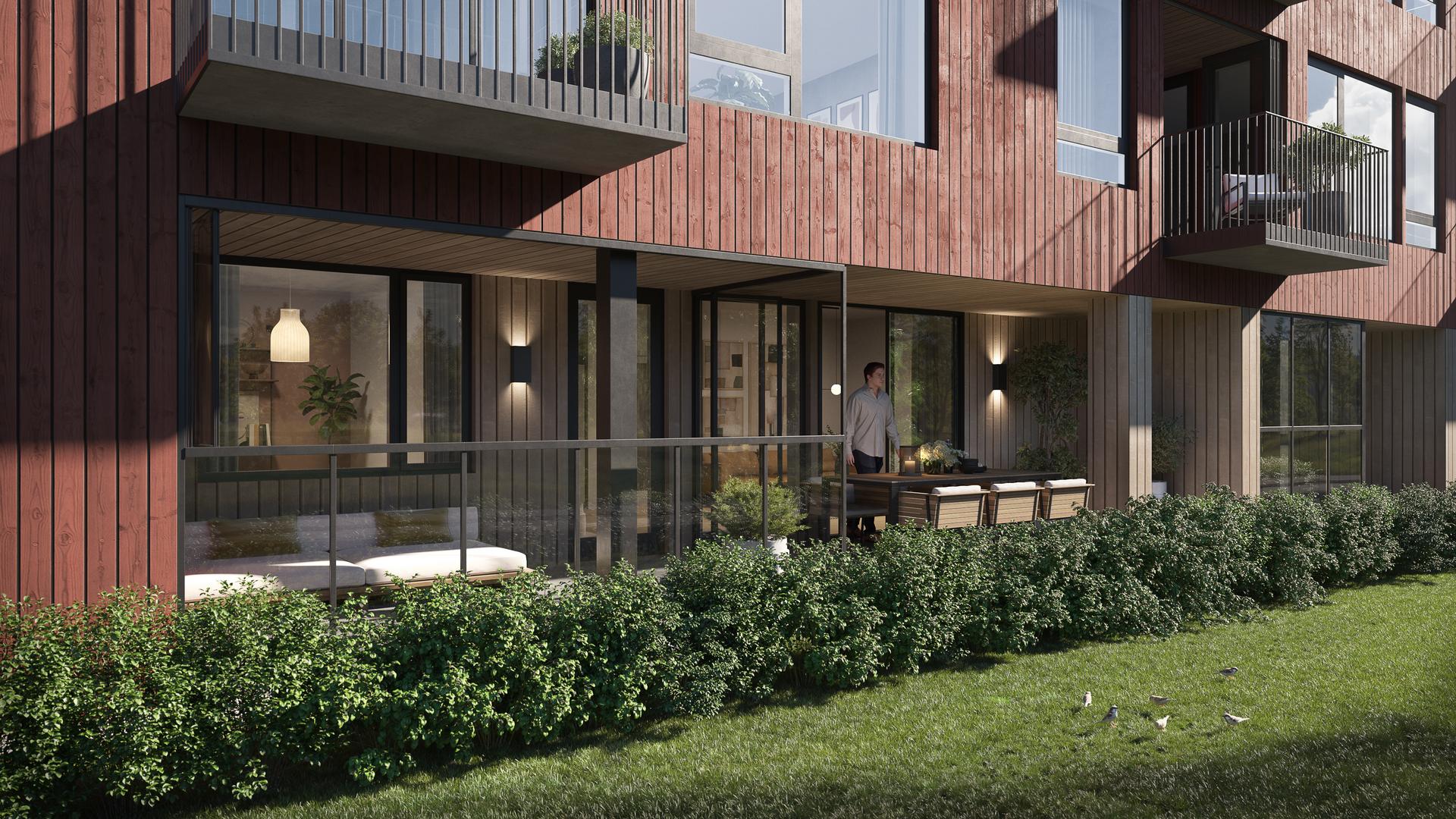 Alle leilighetene i 1. etasje (ut mot Storetveitmarken) har gode uteområder med både markterrasse og innglasset balkong.
