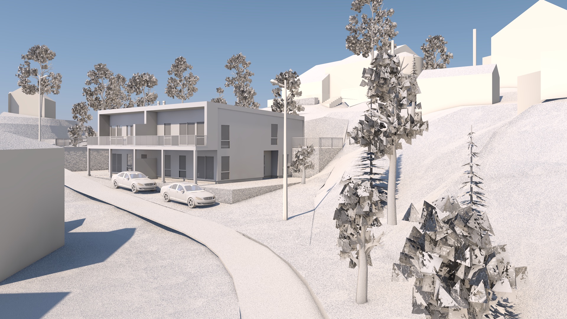 Det opparbeides to parkeringsplasser per boenhet. (Alle illustrasjoner er kun ment å danne et inntrykk av hvordan den ferdige bebyggelsen, og kan ikke anses som endelig leveranse.)