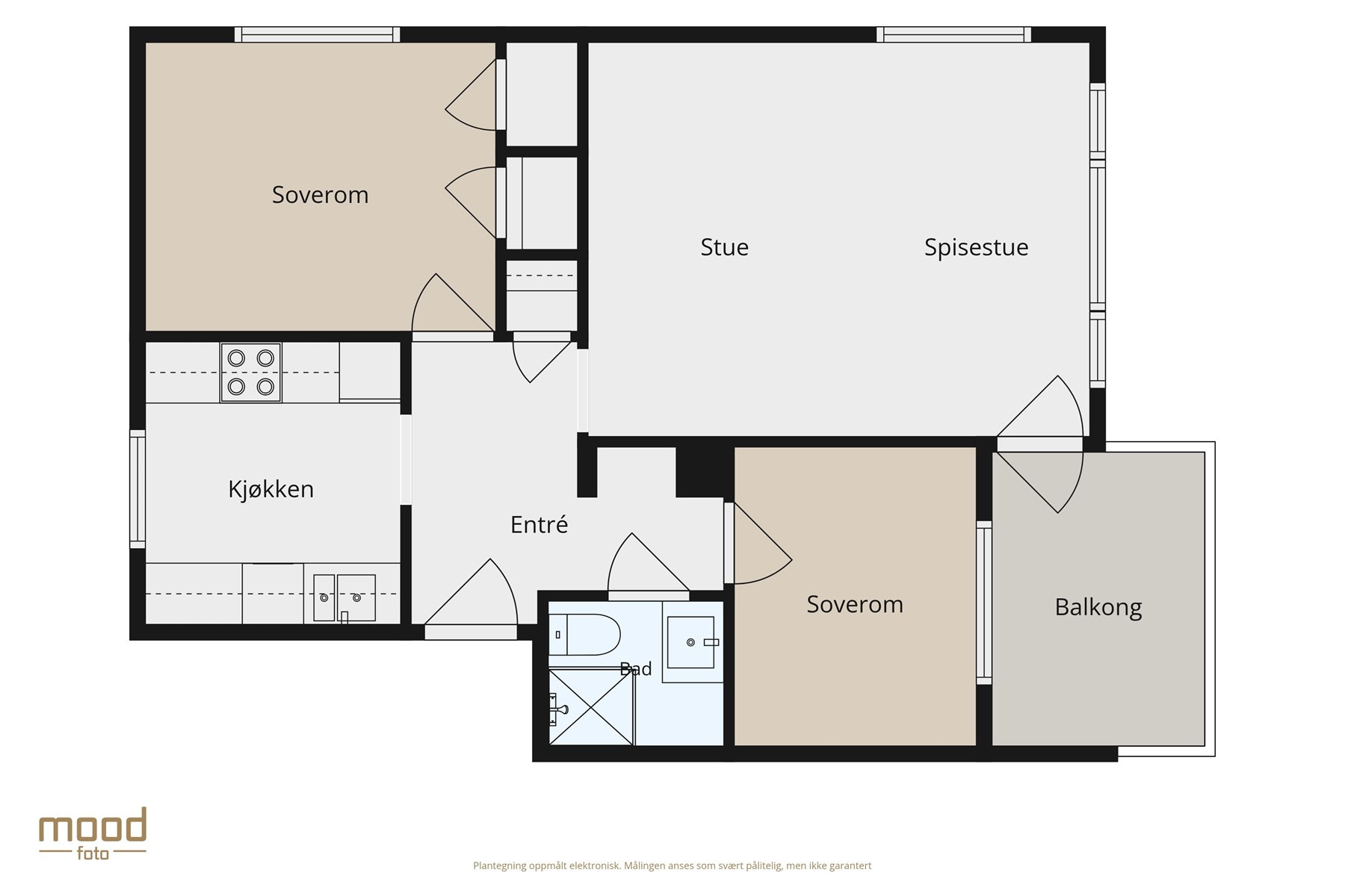Plantegning:  Entré (5,9 m²), bad (2,3 m²), soverom (12,0 m² og 6,9 m²), stue (14,1 m²) og kjøkken (7,0 m²). I tillegg har man hele 3 boder på fellesareal. 