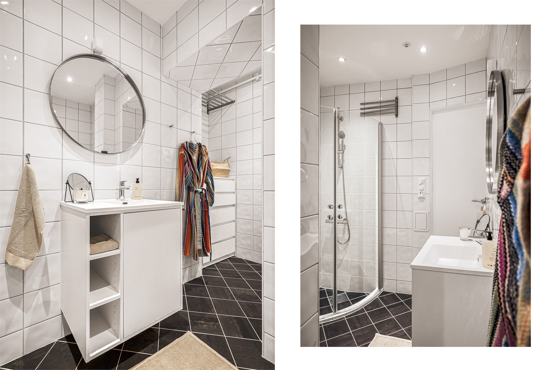 Siste stopp blir baderommet. Dette er helfliset med varmekabler i gulv, og har en smart utnyttelse av arealet. Rommet innehar innredning med speil over, downlights i tak, toalett, samt et praktisk dusjhjørne.