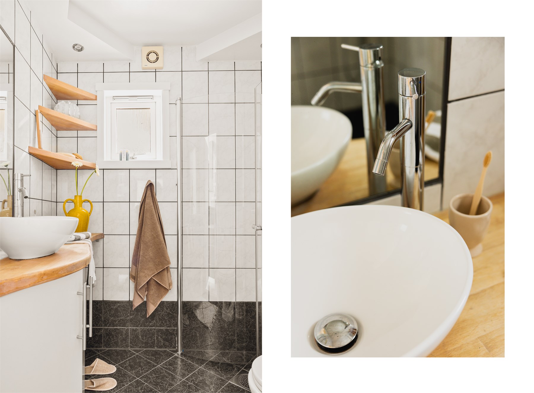 Badet er fra 2009 og dusjdørene er fra 2017. Det er rør-i-rør. 
