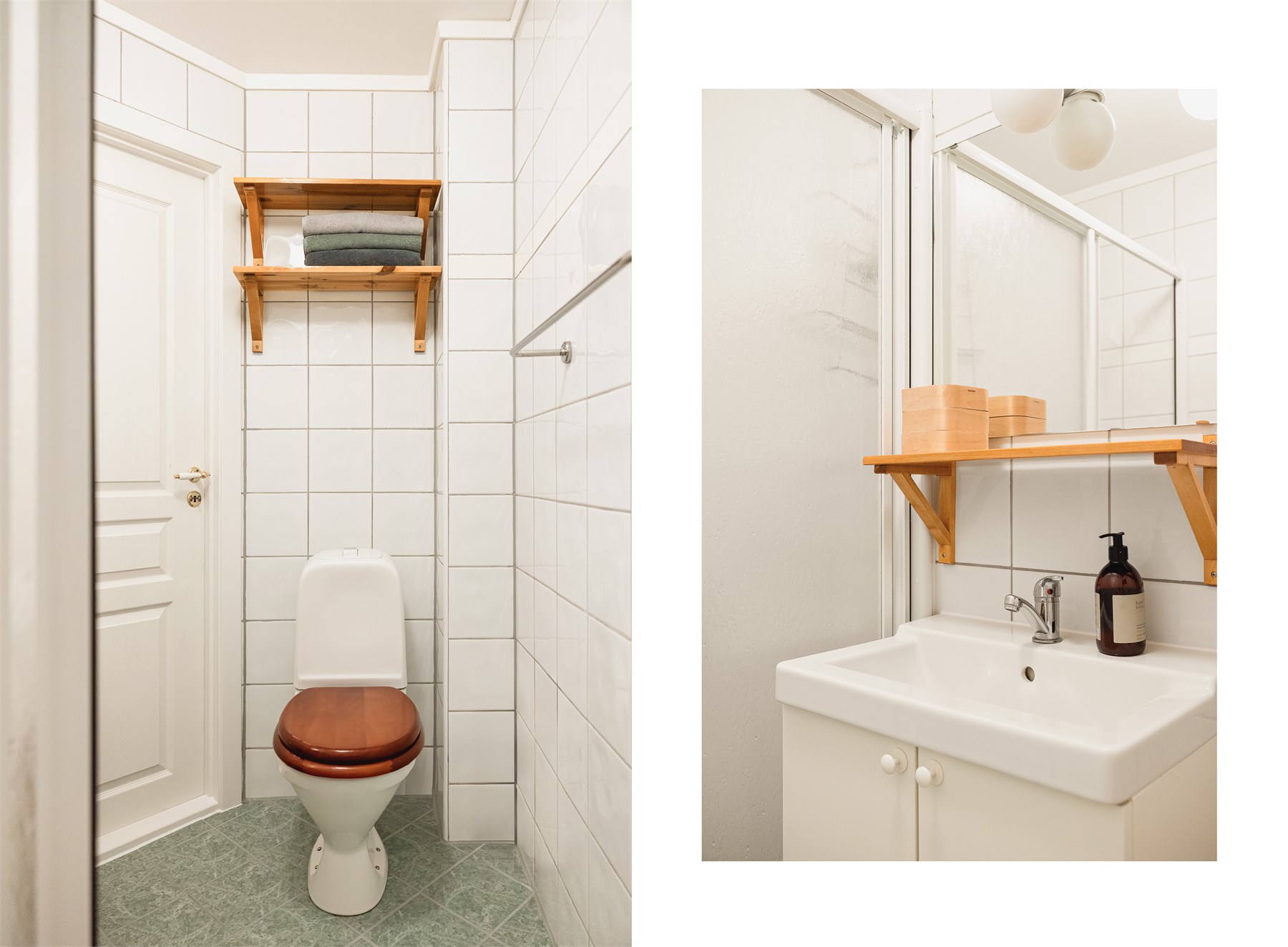 Badet inneholder toalett, helstøpt servant med skap under og dusjdører i glass. 