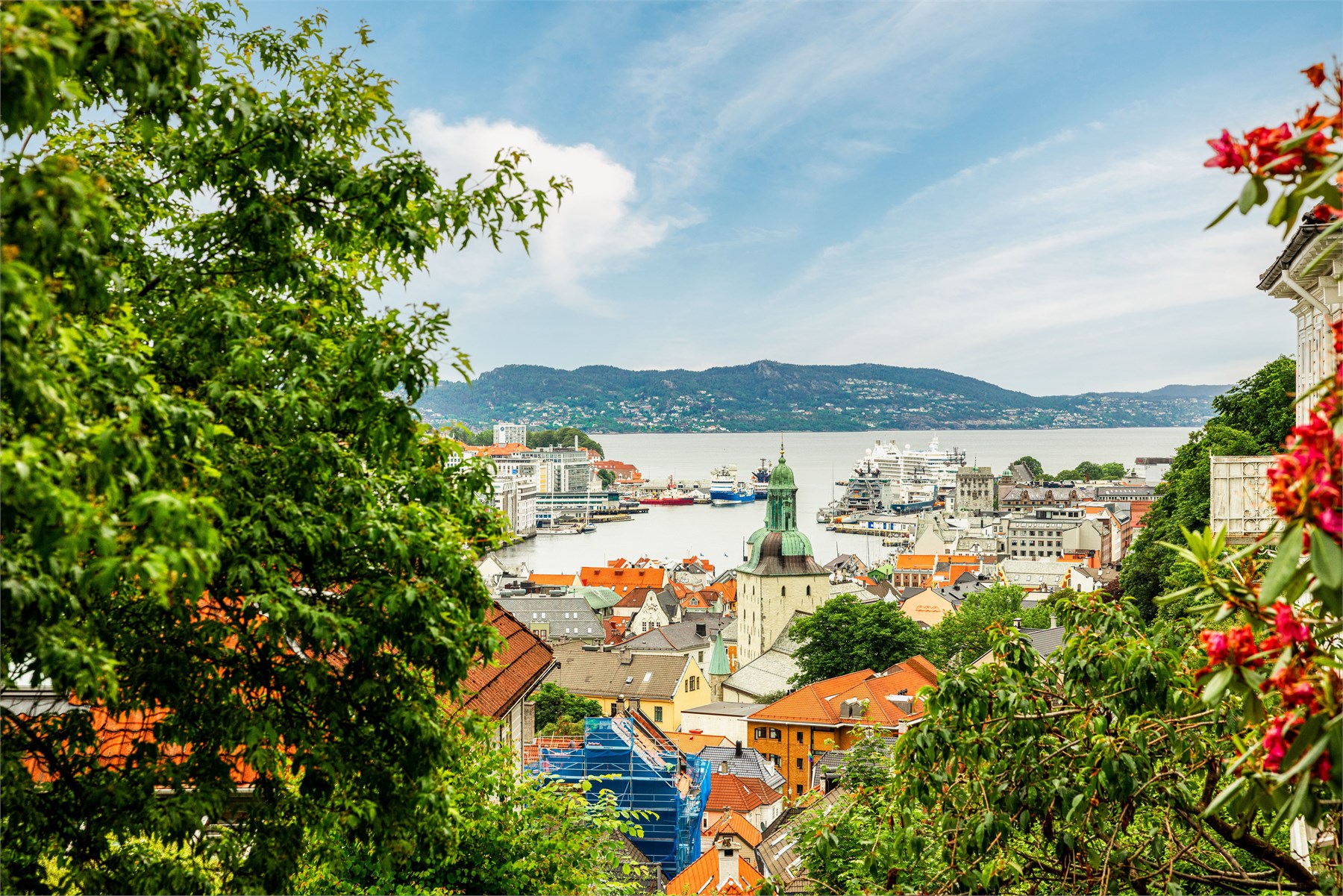 Bare noen få minutters gange fra boligen venter denne utsikten – et unikt møte mellom historiske Bergen, bylivet og den vakre innseilingen til byen.