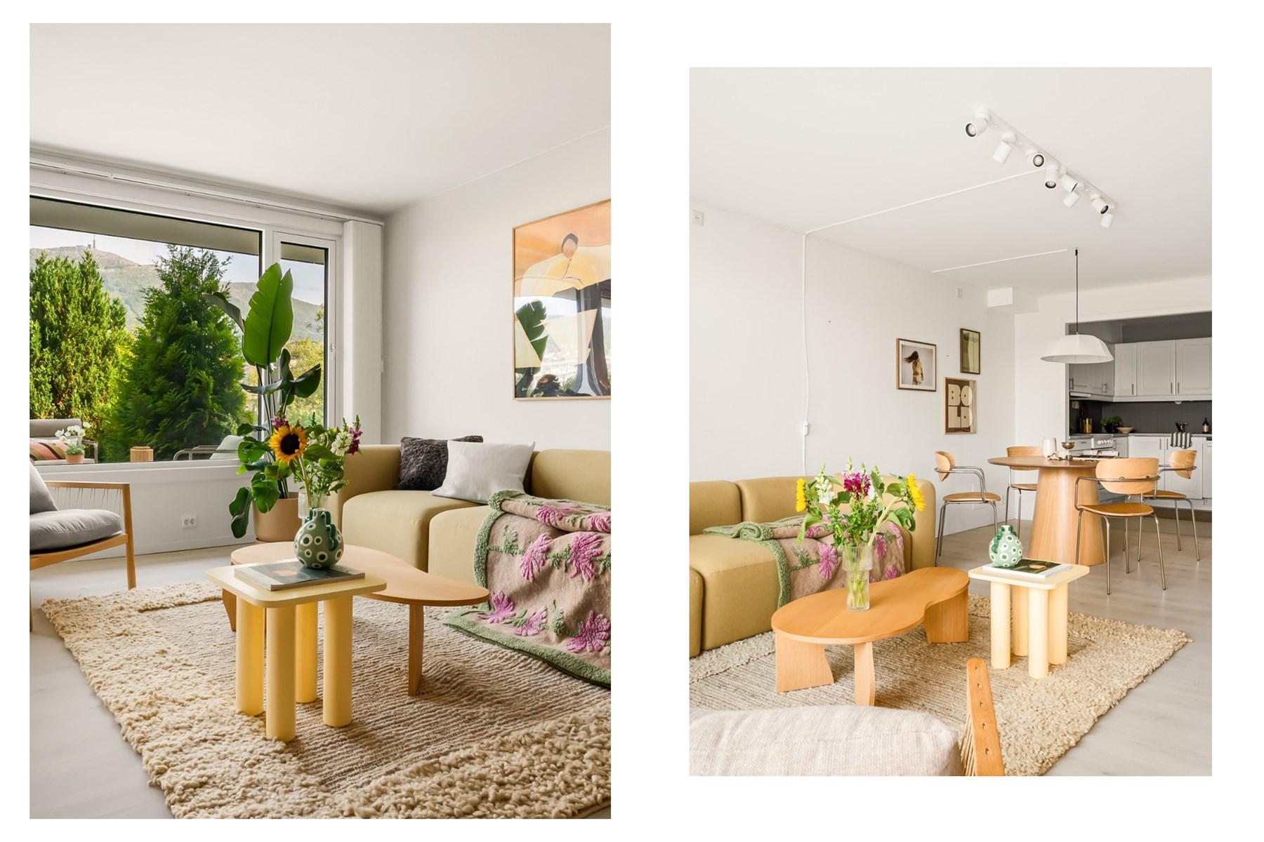 Stuen er på 23,6 m² og byr på god plass til både sofagruppe og spisebord.