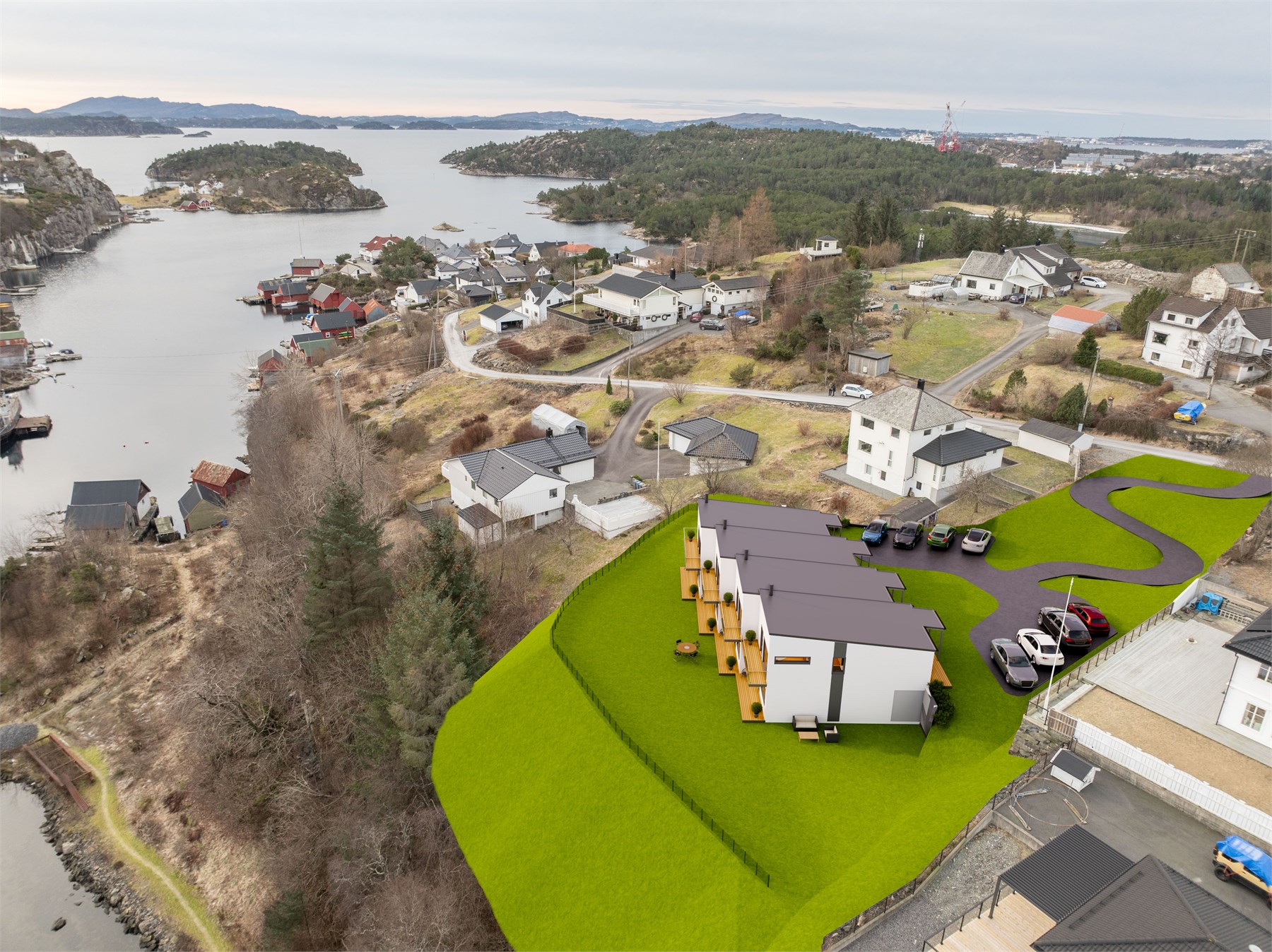 Prosjektet har en sjønær og rolig beliggenhet. Hver bolig får 2 parkeringsplasser. 