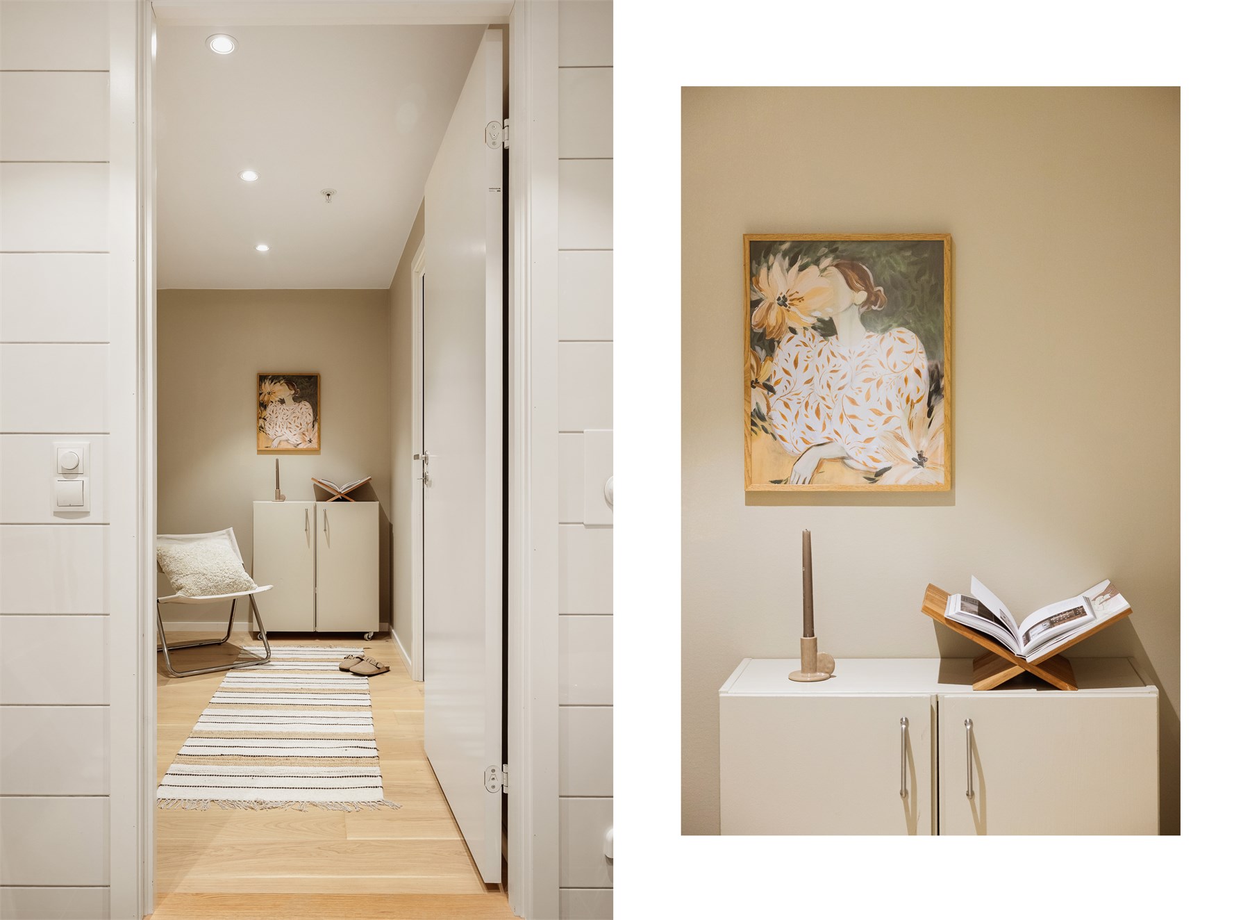 Innbydende entré med downlights i tak og parkett på gulv. Leiligheten disponerer egen innendørs sportsbod på ca 5 kvm like ved inngangsdøren. 