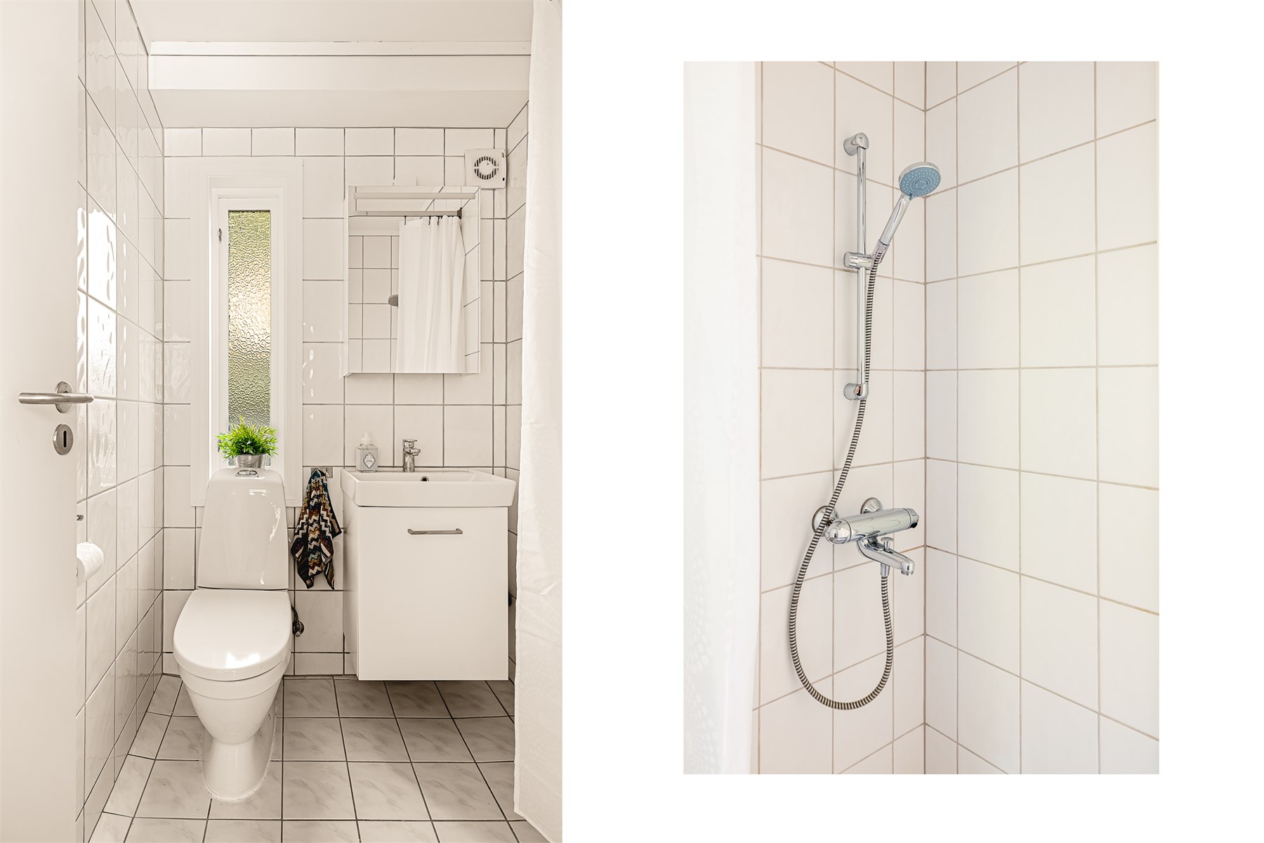 Lyst og funksjonelt, flislagt bad med dusj, servant og toalett. Badet er løpende oppgradert med blant annet nytt toalett og ny baderomsvifte i 2023, ny dør i 2023 samt nytt interiør i 2026.