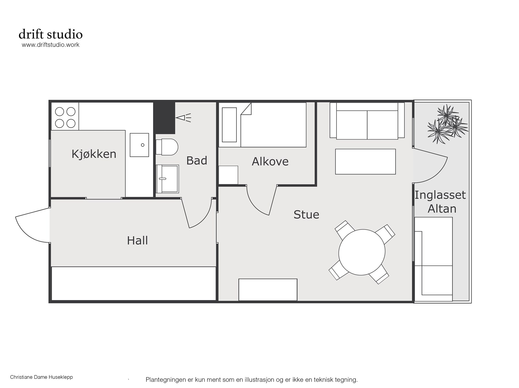 Svært arealeffektiv planløsning med 35 m² BRA-i, innglasset balkong og ekstern bod; her er hver kvadratmeter godt utnyttet.
