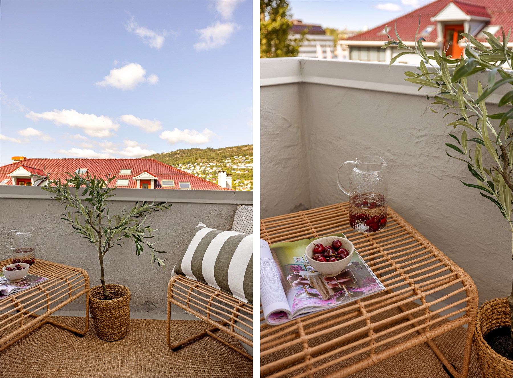 Balkongen blir en hyggelig forlengelse av stuen på fine dager, en herlig plass å nye morgenkaffen.  