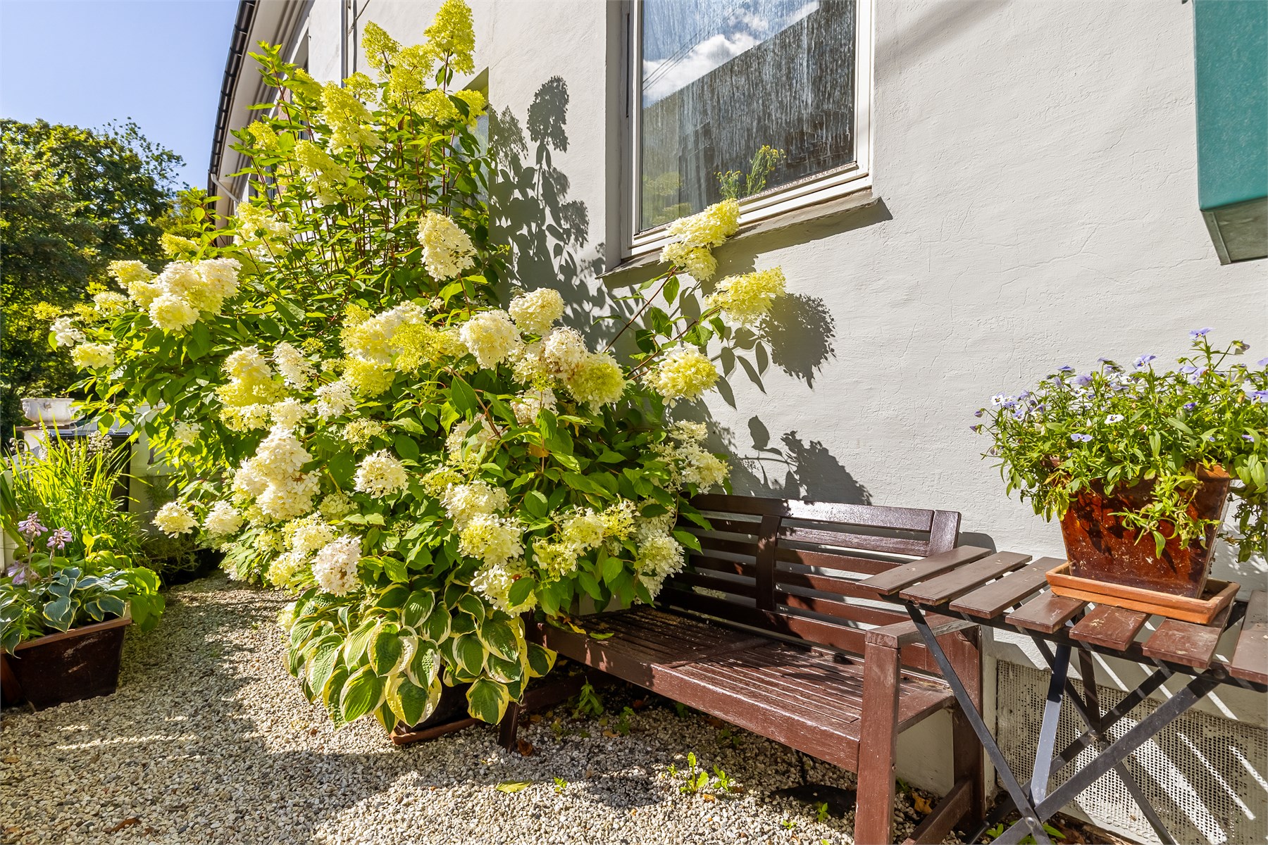 Sameiets hyggelige utearealer byr på grønne omgivelser og en lun sitteplass ved huset.