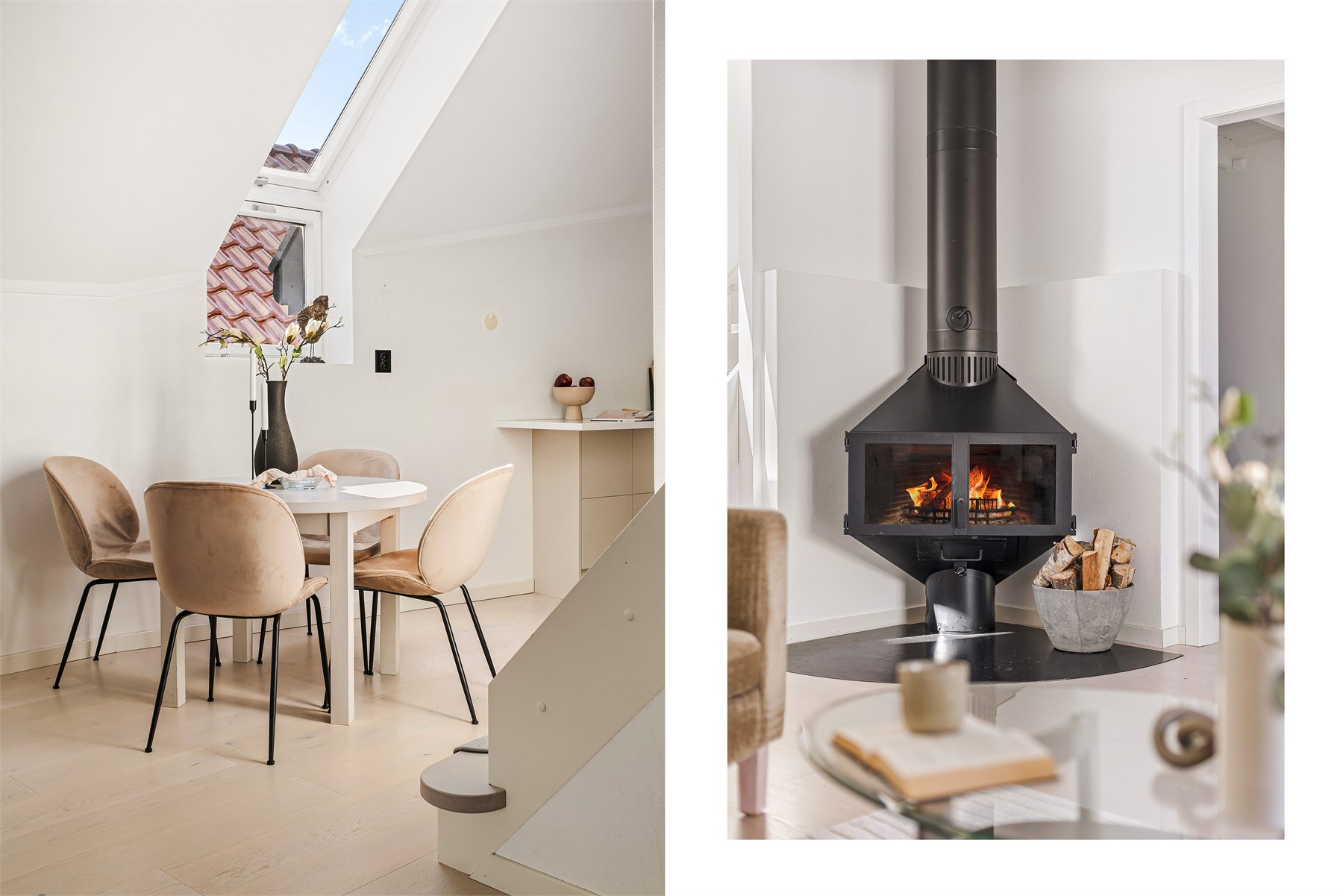 Den lekre vedovnen er et naturlig midtpunkt i stuen. Denne er flott å se på, men gir i tillegg god varme, og sikrer den rette stemningen på mørke høst- og vinterkvelder. Boligen har også installert varmepumpe. 