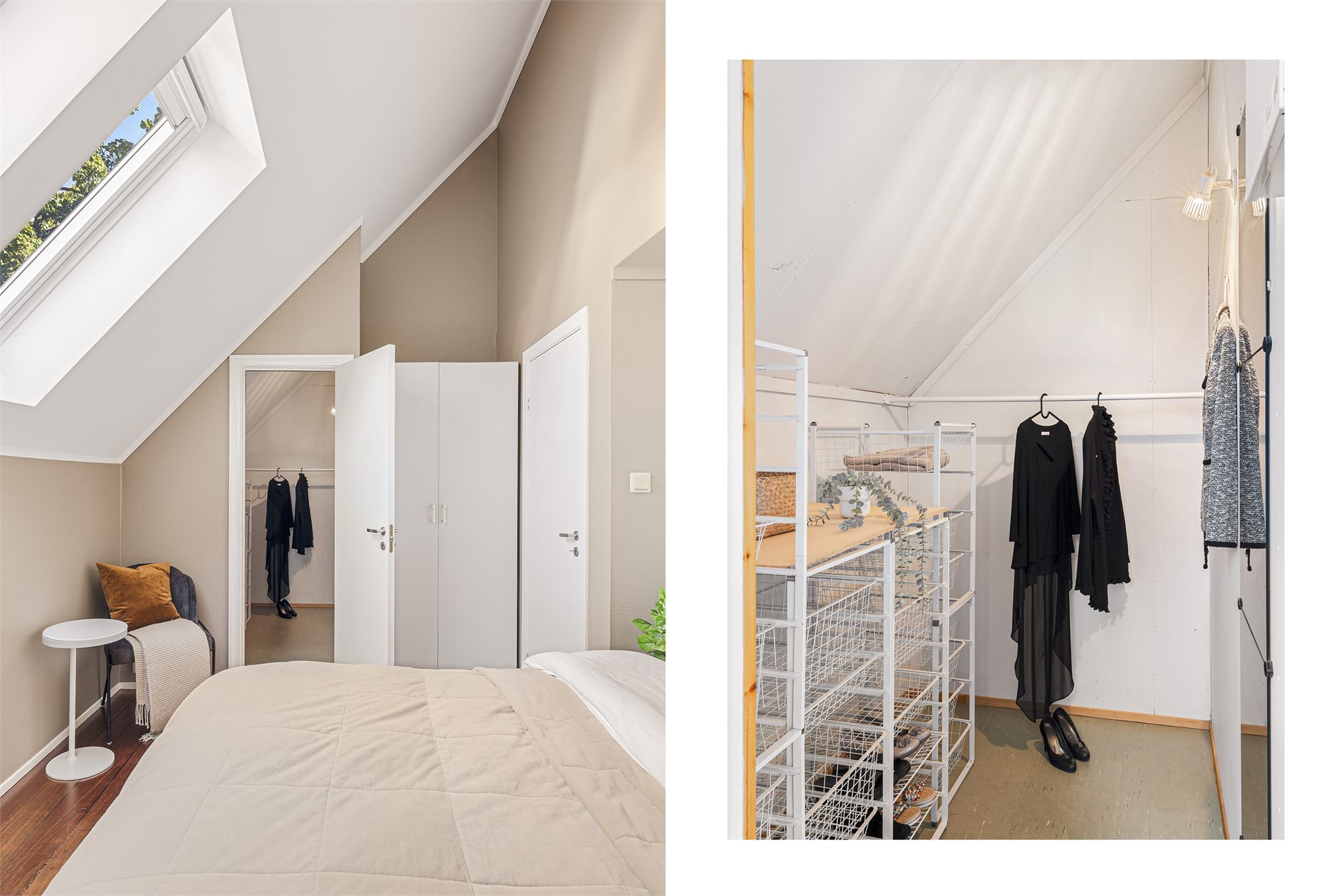 Rommet er utstyrt med garderobe, og har i tillegg direkte tilkomst til et praktisk omkledningsrom. 