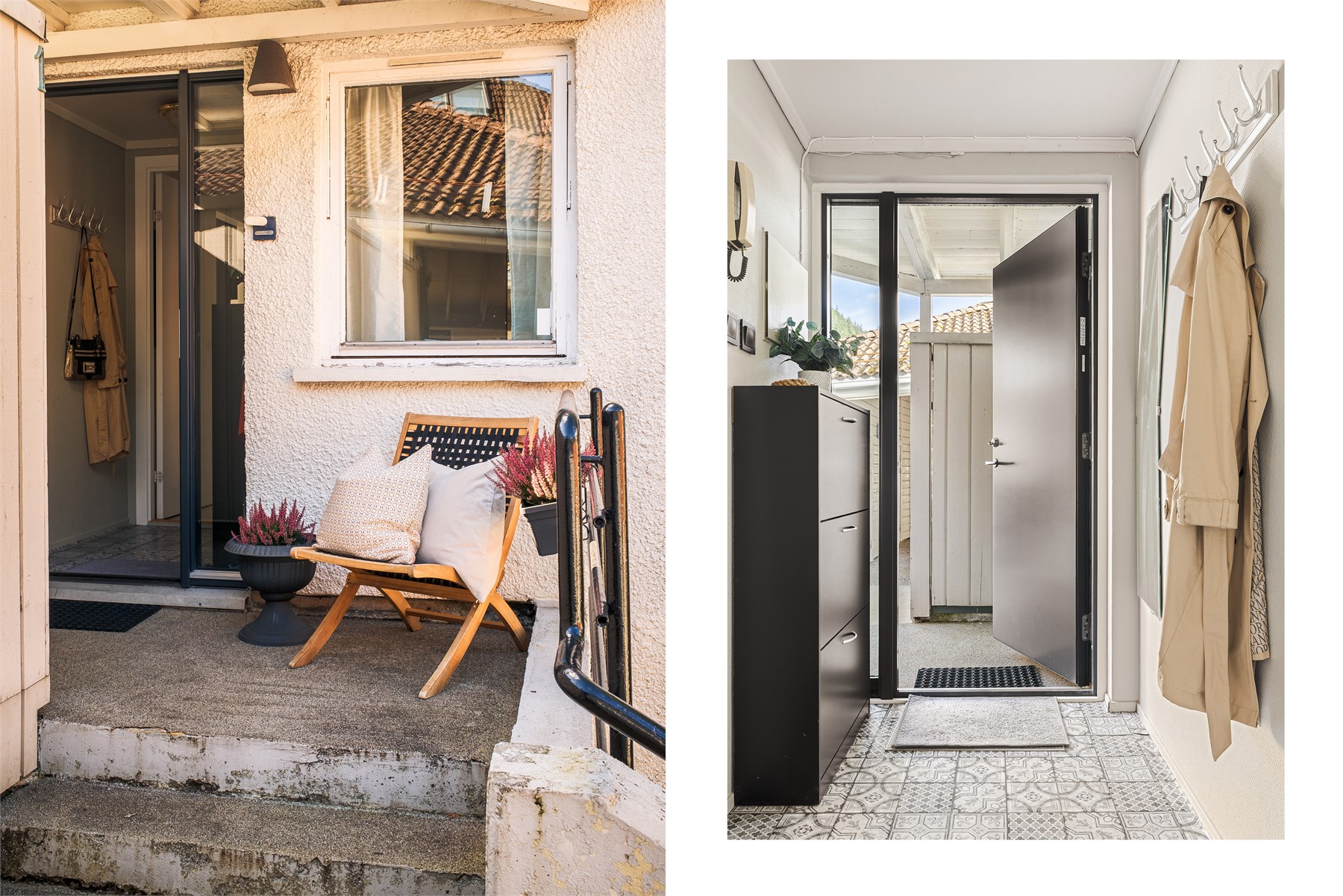 Man har altså et privat inngangsparti, og kommer videre inn i et lunt vindfang med god oppbevaring til yttertøy og sko. Boligen er utstyrt med dørtelefon slik at man enkelt kan slippe inn besøkende.