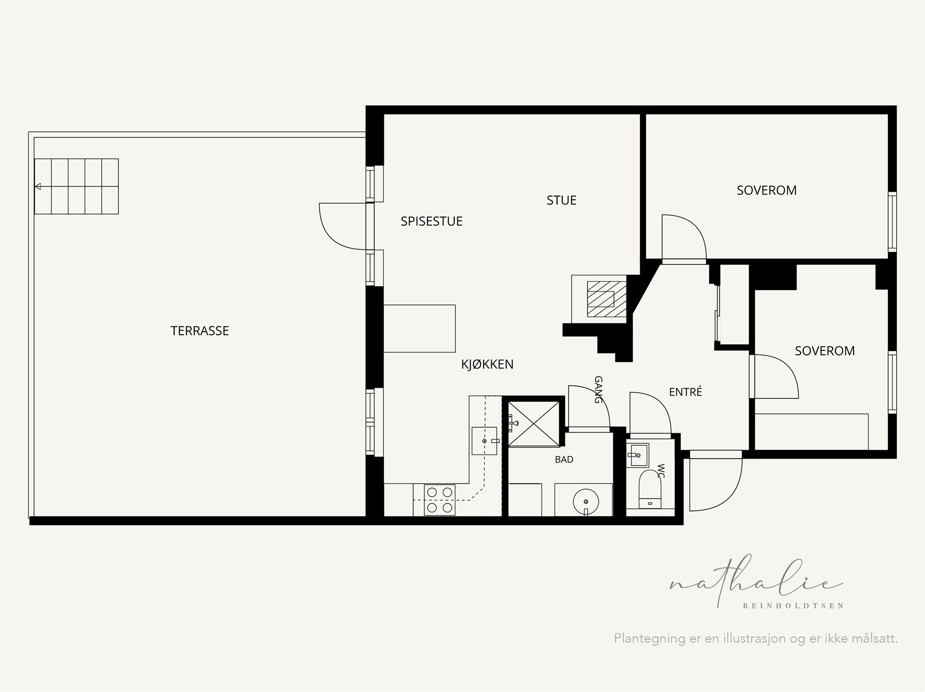 Leiligheten har en gjennomtenkt planløsning med entré/gang, to soverom, bad, separat toalett og en romslig åpen stue- og kjøkkenløsning. Boligen måler 60 m² BRA-i, i tillegg til ekstern bod.
