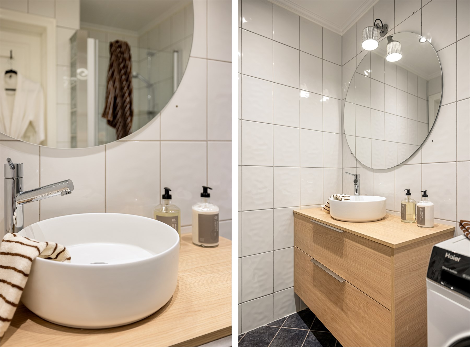 Badet er helfliset og innredet med servant, skuffer, speil, dusj samt opplegg for vaskemaskin. Gulvet har varmekabler. 