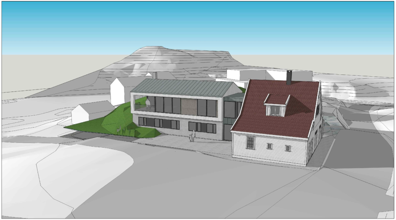 Planene viser hvordan dagens bolig kan videreutvikles til en særegen og innholdsrik familiebolig med langt bedre utnyttelse av eiendommens kvaliteter. *Illustrasjoner utarbeidet av Ove Grung, Grung Arkitektur*
