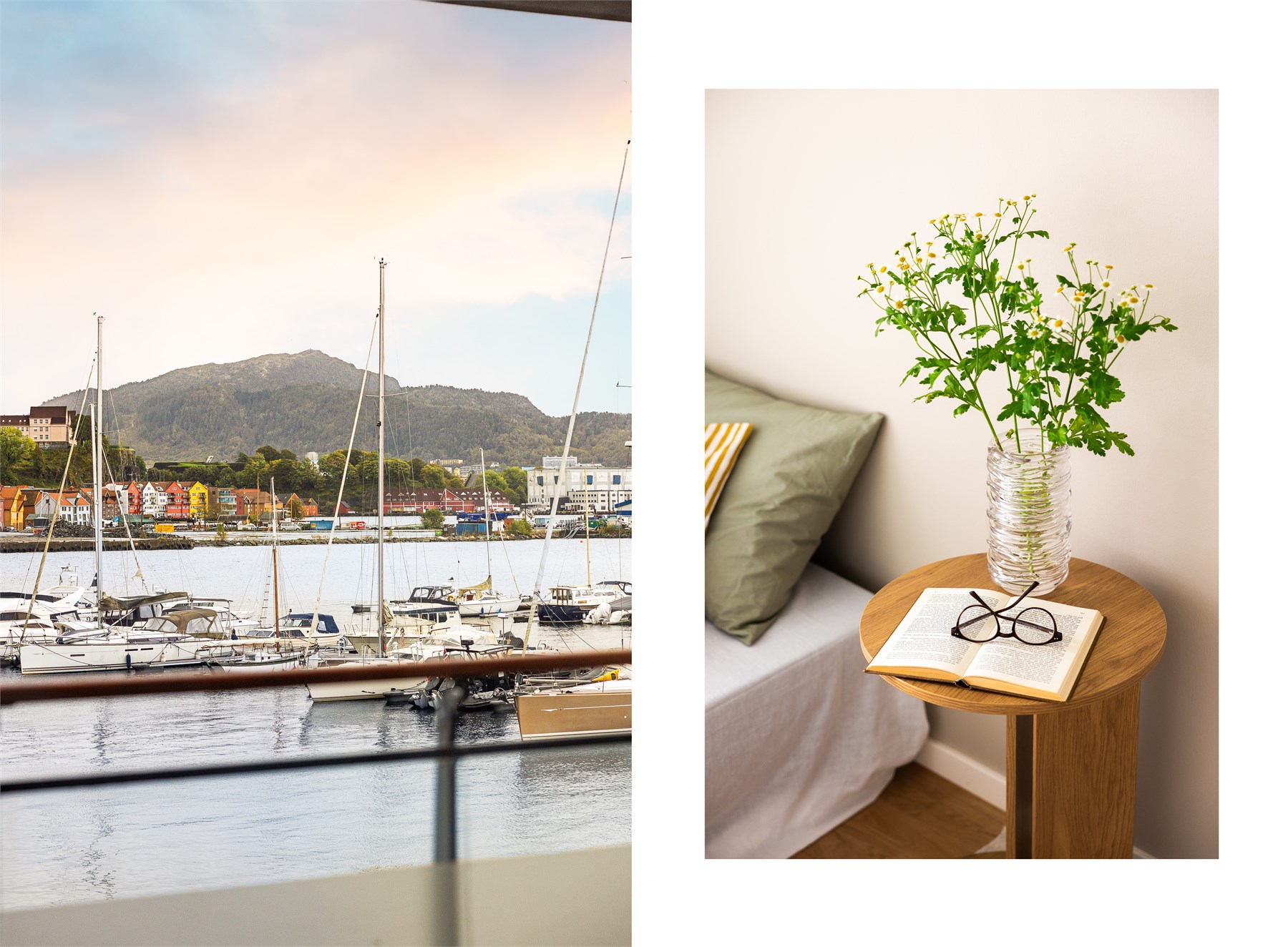 Også fra soverommet kan man nyte et hyggelig utsyn mot sjøen og nærområdet. De store vindusflatene slipper samtidig inn godt med dagslys og bidrar til en lys og behagelig atmosfære.