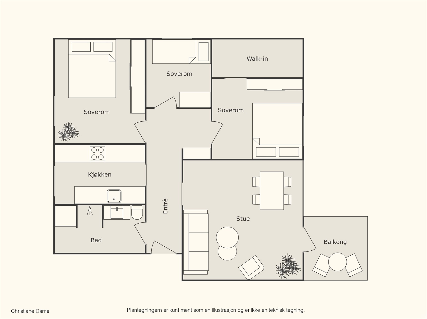 Planskisse -  Boligen har en innholdsrik og familievennlig planløsning med tre soverom, separat kjøkken, romslig stue, bad/vaskerom og gode oppbevaringsmuligheter. BRA-i er målt til 83 m².
