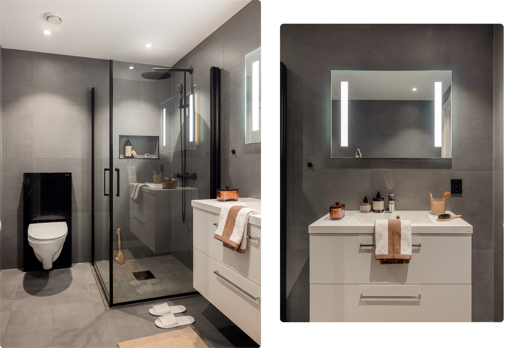 Badet er ca. 4,9 m² og innredet med vegghengt toalett, dusj og servant med tilhørende innredning.