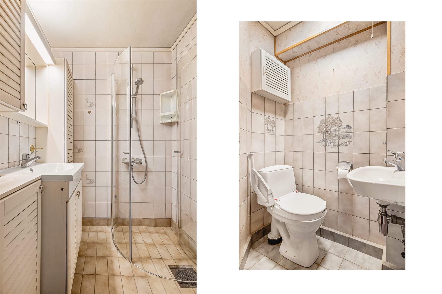 Badet (2 m²) har servant, dusj og skapinnredning. Seperat toalettrom med toalett og vask. Badet fremstår med eldre standard, og må anses å være utdatert.