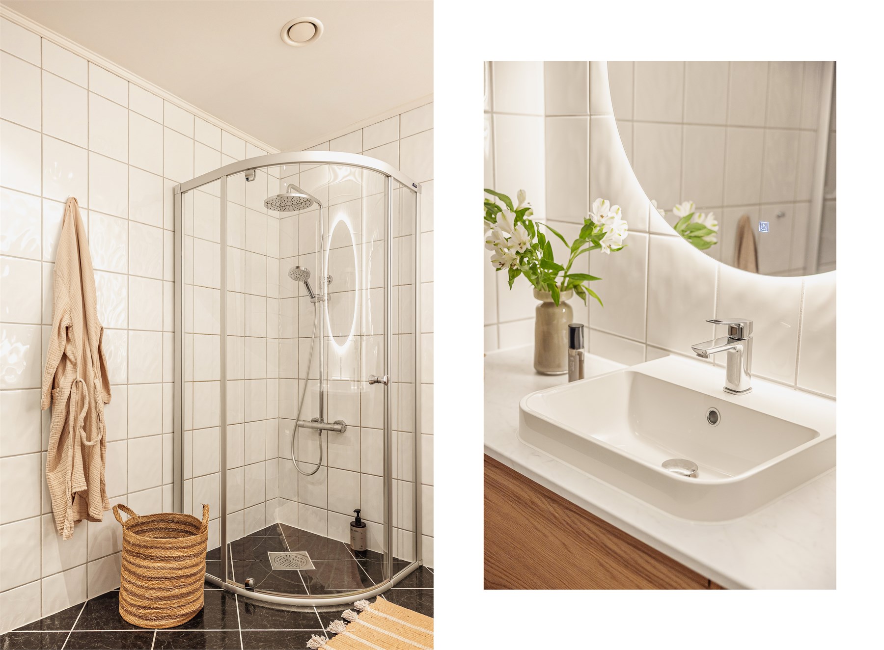 Badet i hovedetasjen er på 6,6 kvm og har flislagte overflater, vegghengt toalett og dusjløsning. 