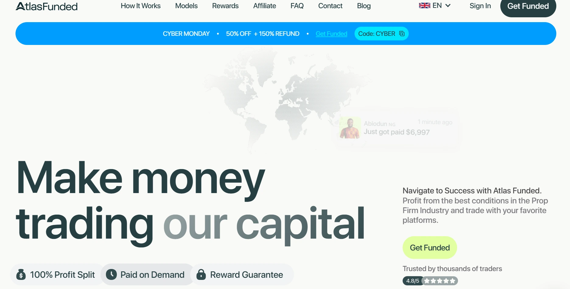 Atlas Funded homepage highlighting the platform’s unique selling points, how it works, and how it is trusted by users.