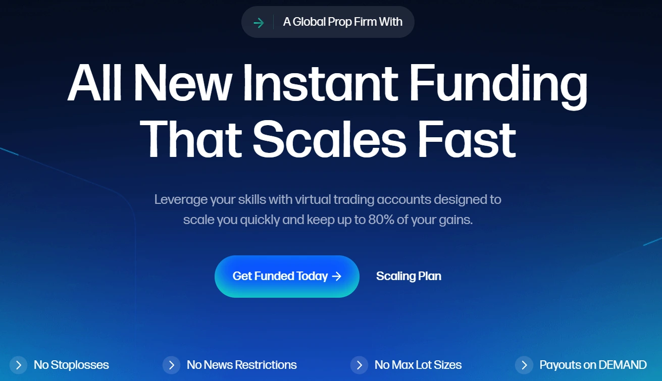 Homepage hero section for FTUK, featuring the headline ‘All New Instant Funding That Scales Fast,’ supporting text about virtual trading accounts and call-to-action buttons for getting funded and scaling plans