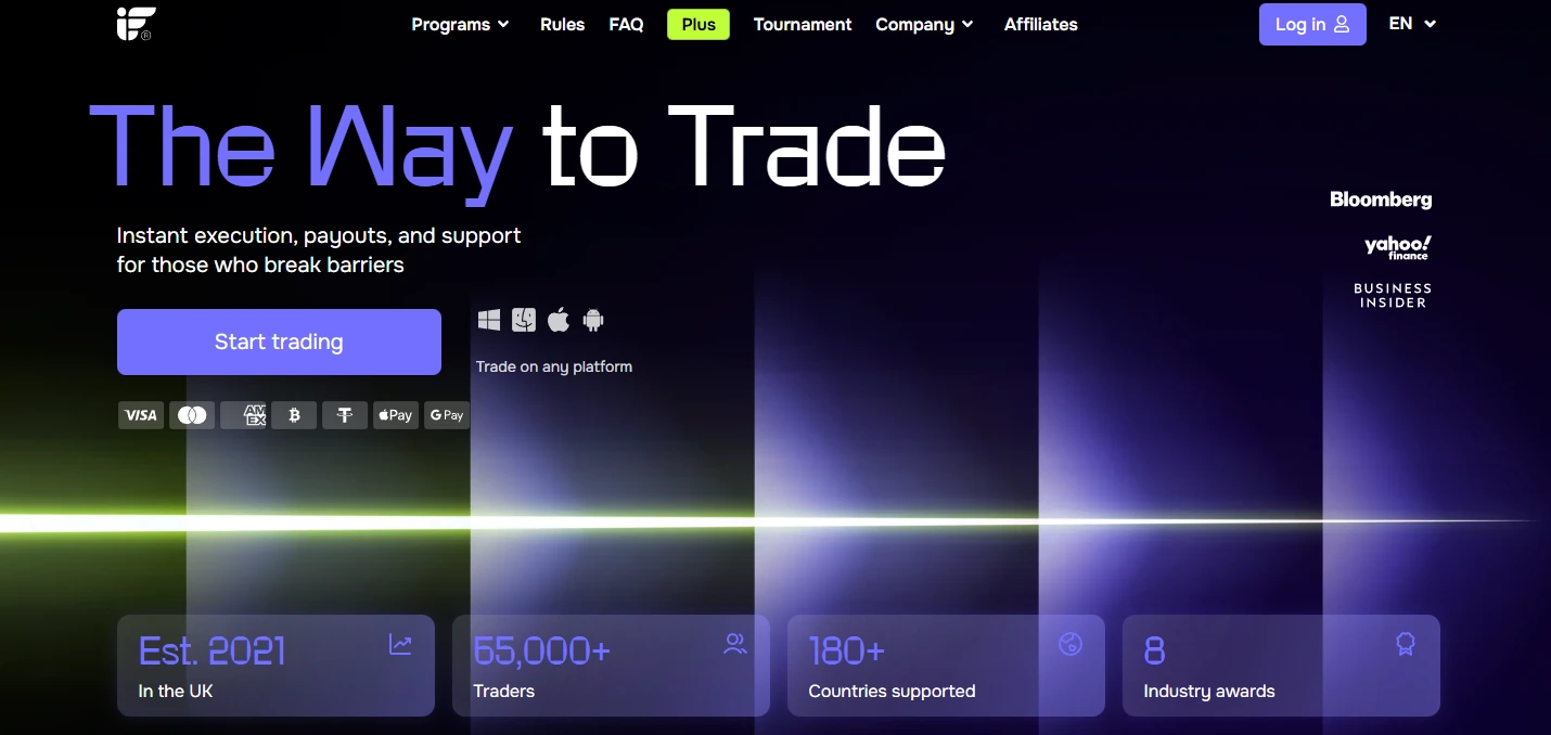 Homepage hero section for Instant Funding with the headline ‘The Way to Trade,’ highlighting instant execution, payouts, multi-platform access and a ‘Start trading’ call-to-action, along with credibility stats and media logos