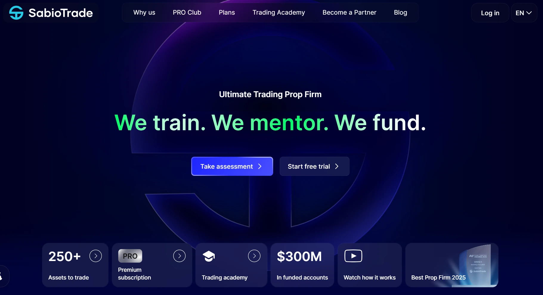 Homepage hero section for SabioTrade with the headline ‘We train. We mentor. We fund.,’ highlighting trading education, funded accounts, assessment options and platform features