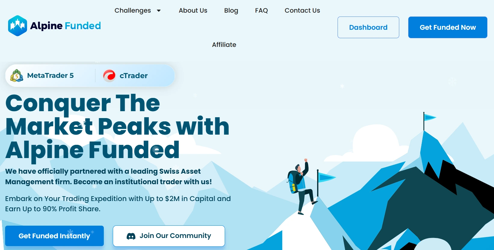 Homepage hero section for Alpine Funded with the headline ‘Conquer the Market Peaks with Alpine Funded,’ highlighting MetaTrader 5 and cTrader access, up to $2M in capital, profit sharing and call-to-action buttons
