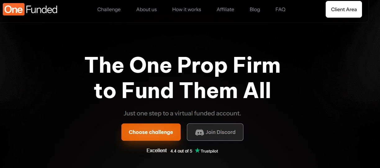 Homepage hero section for OneFunded with the headline ‘The One Prop Firm to Fund Them All,’ highlighting a one-step funded account process, call-to-action buttons and Trustpilot rating