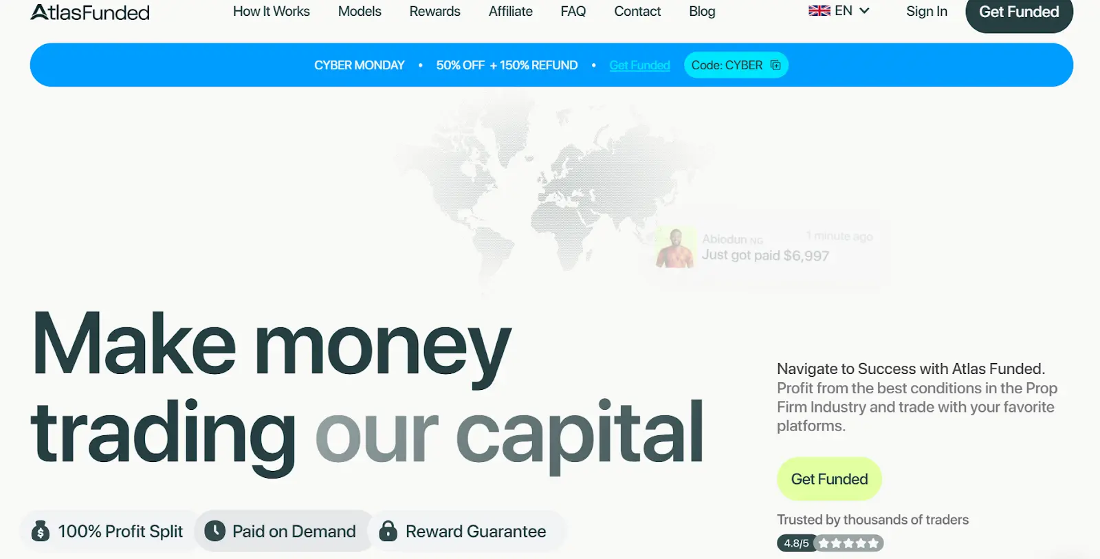 Atlas Funded homepage highlighting the platform’s unique selling points, how it works, and how it is trusted by users