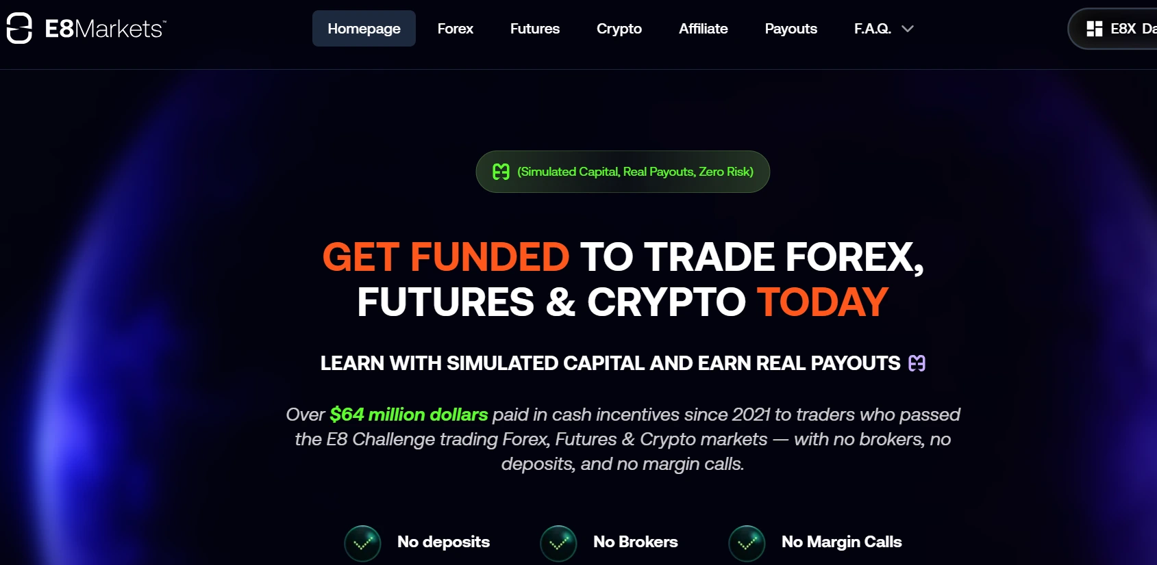 Homepage hero section for E8 Markets featuring the headline ‘Get Funded to Trade Forex, Futures & Crypto Today,’ supporting text about simulated capital and real payouts and key benefits like no deposits, no brokers and no margin calls