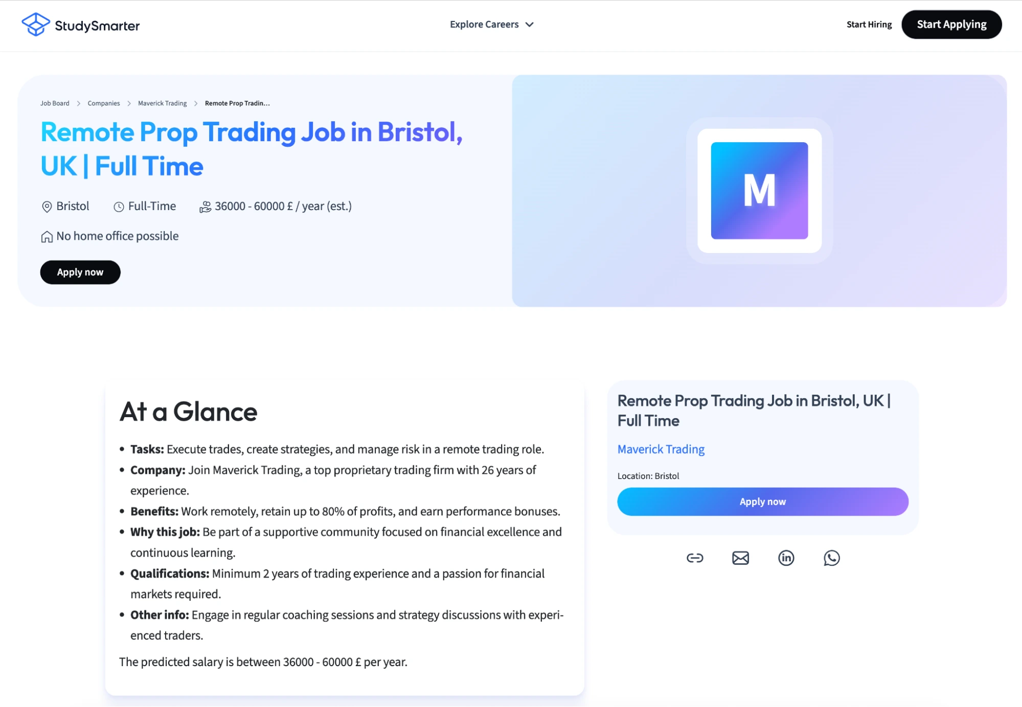 Screenshot of job posting on StudySmarter for a full-time remote prop trading job in Bristol, UK. (Source: https://talents.studysmarter.co.uk/companies/maverick-trading/remote-prop-trading-job-in-bristol-uk-full-time-7997876/) 