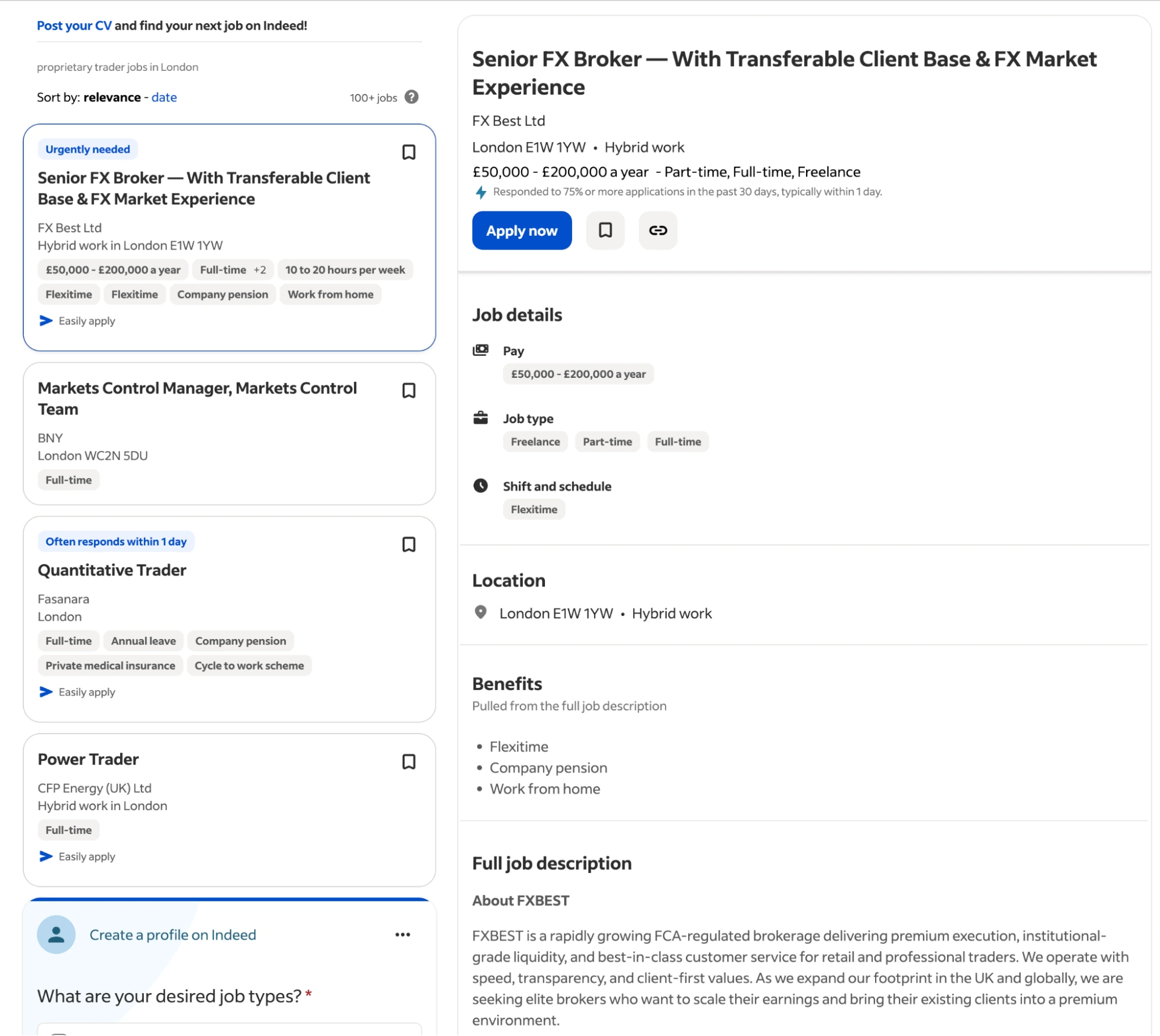Screenshot showing a job posting on the Indeed website for a Senior FX Broker position in London, with a salary range of between £50,000 and £200,000 per year. (Source: https://uk.indeed.com/q-proprietary-trader-l-london-jobs.html?vjk=04e4437ebd767f28&advn=9942752103292284) 