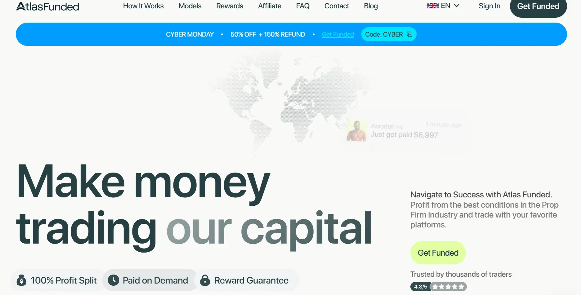 Atlas Funded homepage highlighting the platform’s unique selling points, how it works, and how it is trusted by users