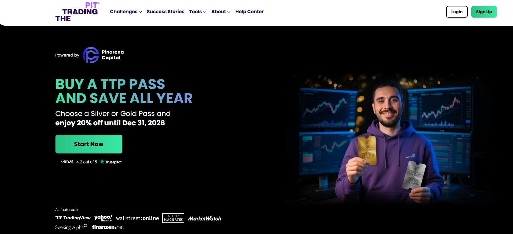 The Trading Pit homepage highlighting the platform’s various subscription passes, including Silver or Gold Pass