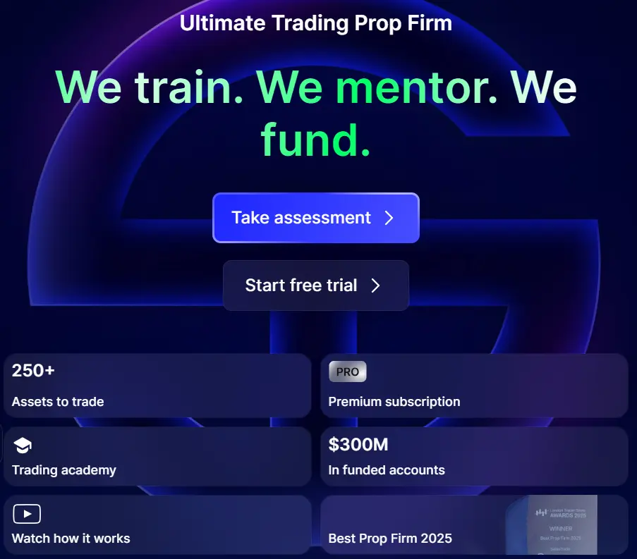SabioTrade homepage highlighting the platform’s core features, including a ‘Best Prop Firm 2025’ award, and an opportunity to take an assessment or start a free trial