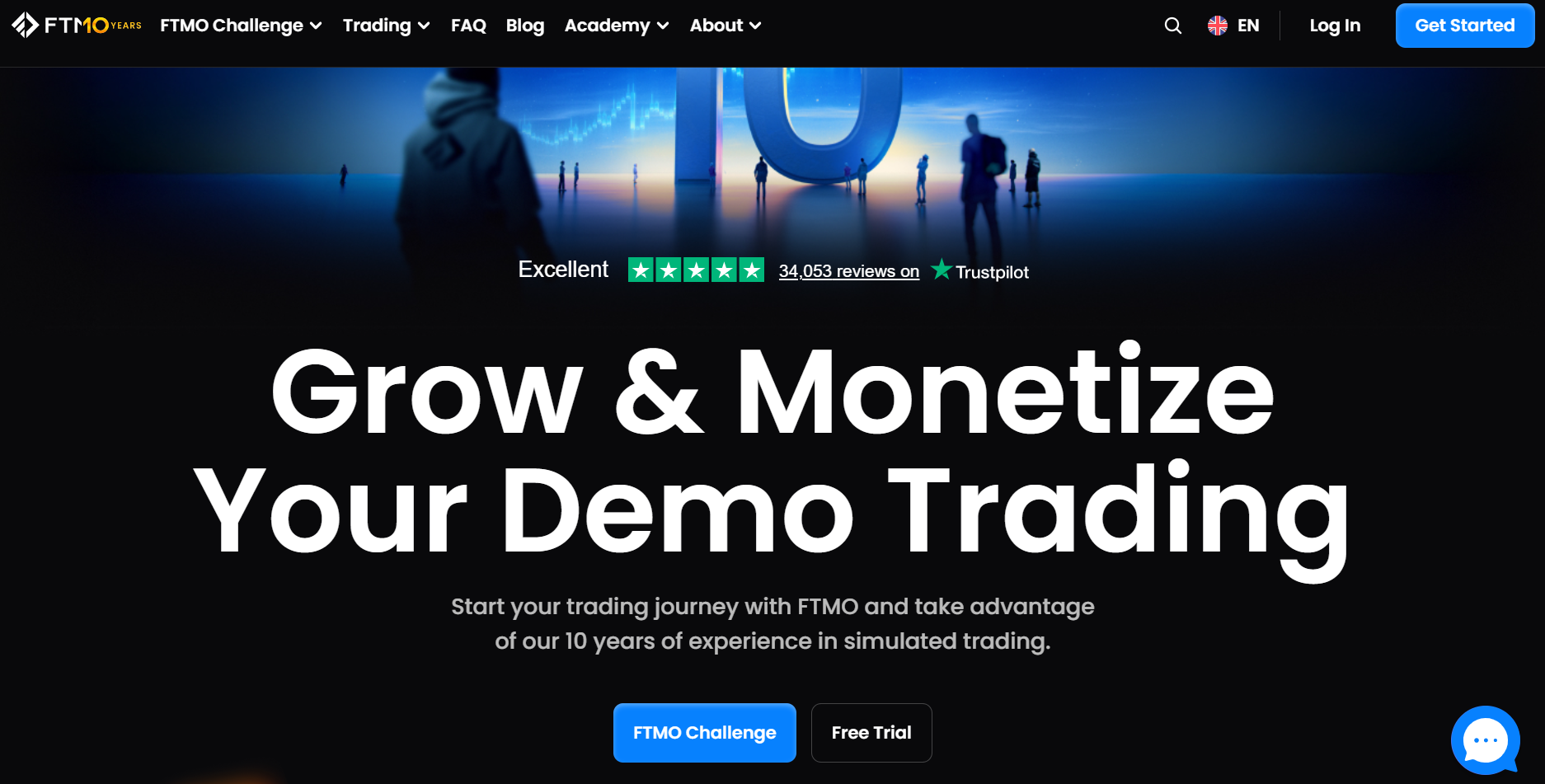 FTMO homepage highlighting the platform’s longevity and ten years of experience, with the FTMO Challenge and Free Trial options below