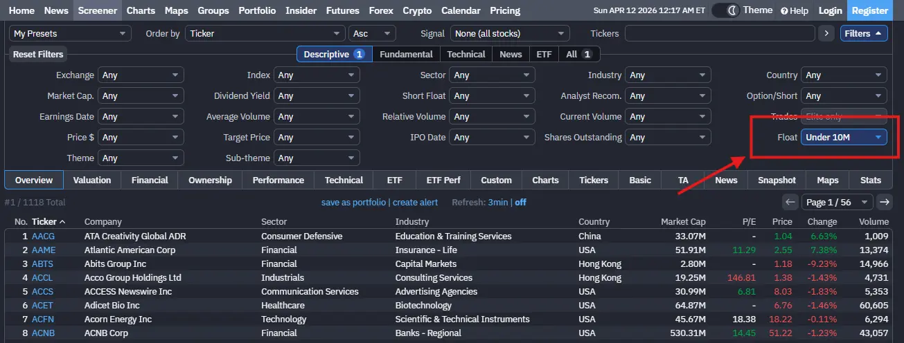 Finviz screener showing low-float stocks (under 10M shares)
