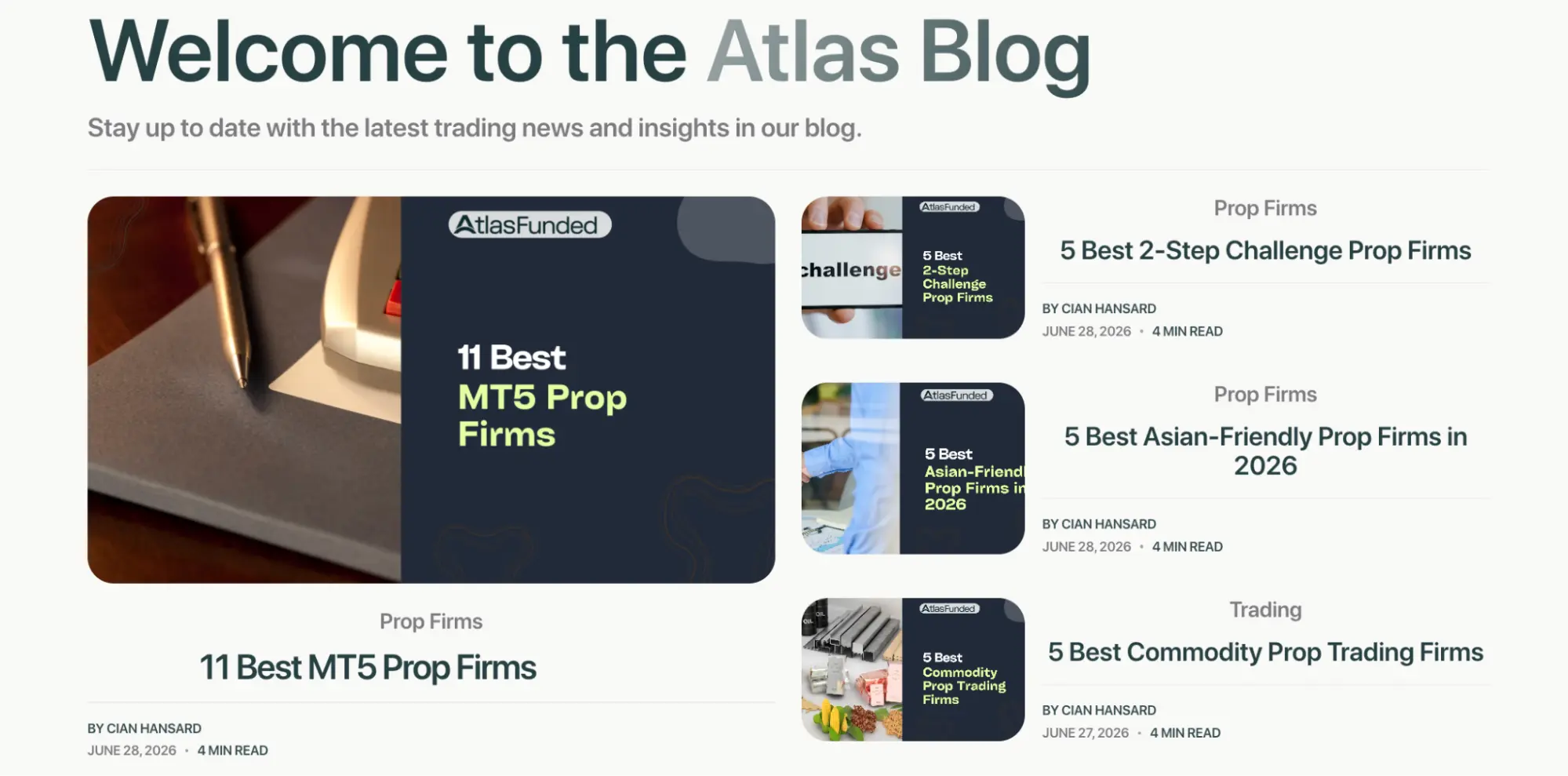 The Atlas Funded blog section with various prop firm-related featured articles written by Cian Hansard