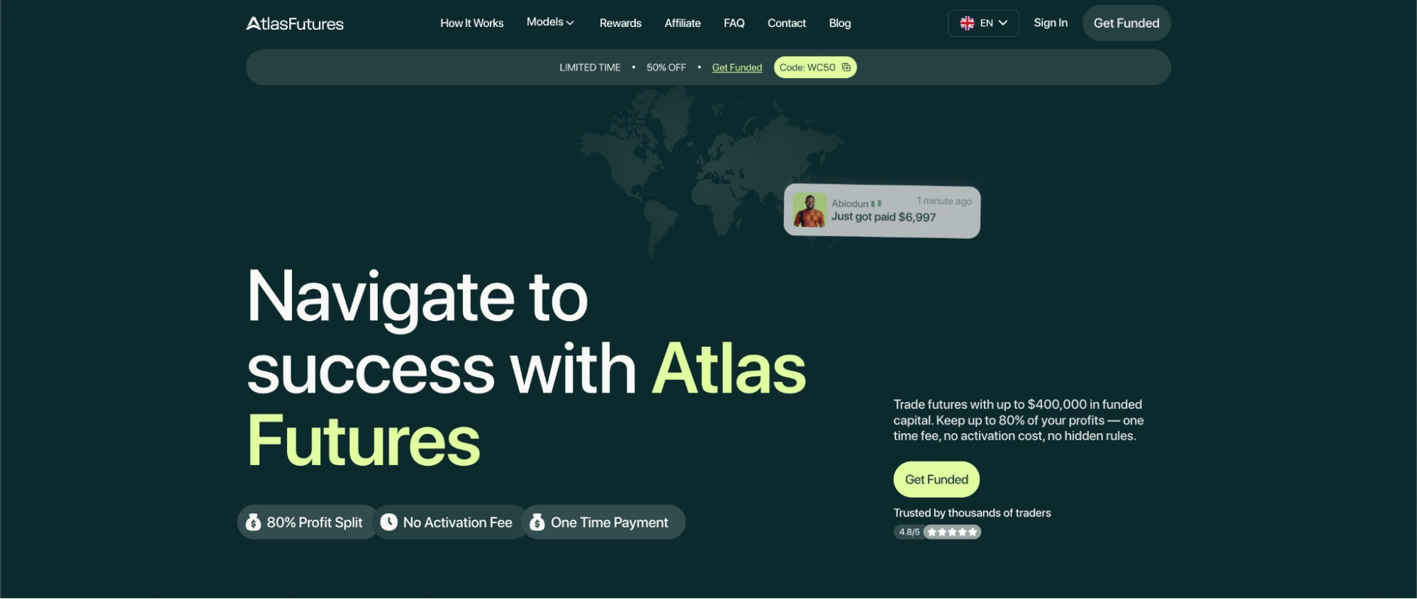 Atlas Funded futures’ service page with the hero “Navigate to success with Atlas Futures.”