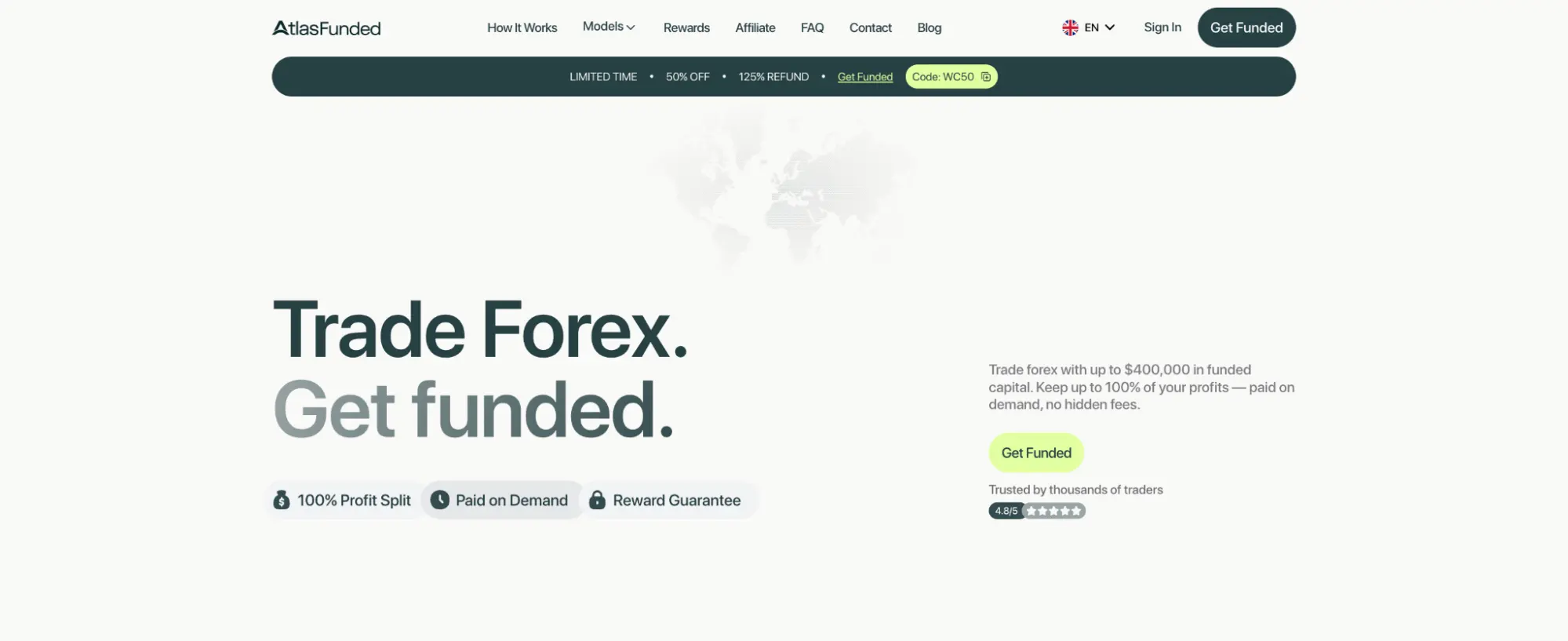 Atlas Funded landing page with the hero “Trade Forex. Get funded.”