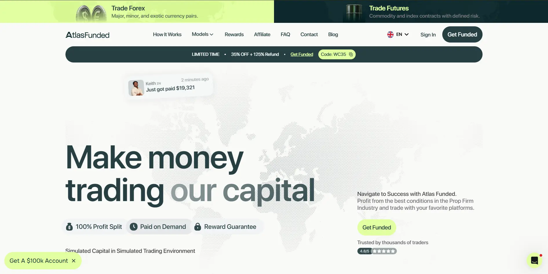 Atlas Funded homepage with the hero “Make money trading our capital”.