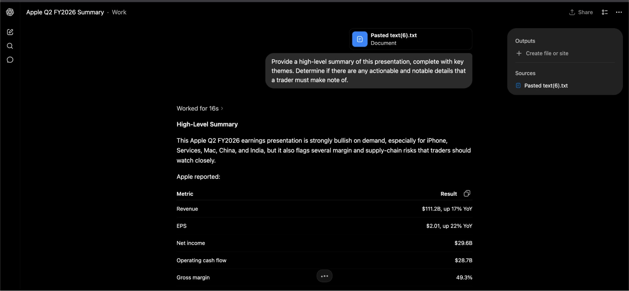 ChatGPT performing and outputting a summarization of an Apple earning call.