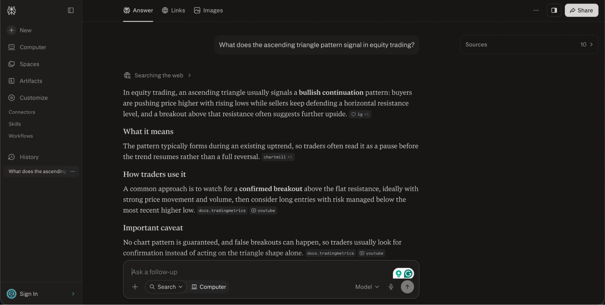 Perplexity AI chatbot interface, with the question posed being “What does the ascending triangle pattern signal in equity trading?” and the AI’s answer.