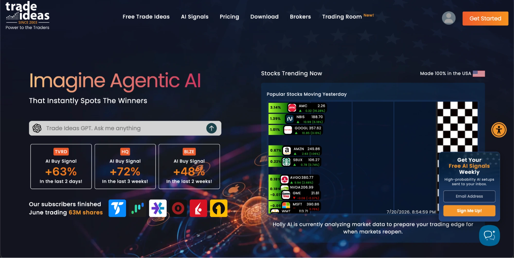 Trade Ideas homepage with the hero “Imagine Agentic AI That Instantly Spots the Winner”, to the right is a demonstration of the Holly AI that the platform utilizes.